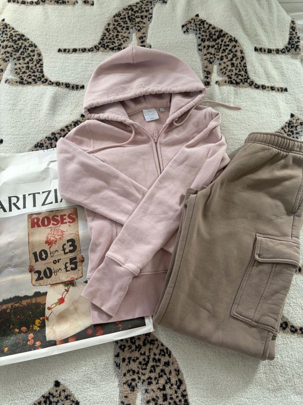 Aritzia Pale Pink Hoodie with Taupe Cargo Joggers